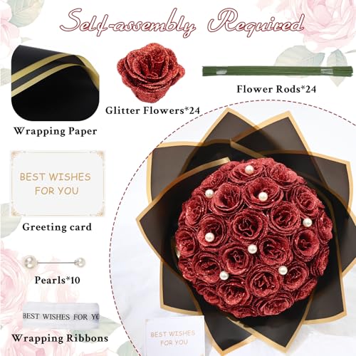 Waipfaru Red Glitter Roses Bouquet, DIY Fake Flowers Bouquet, Everlasting Shiny Artificial Rose Bouquet for Valentines, Anniversary, Engagement, Wedding, 24 Roses - color: Red, size: 24pcs