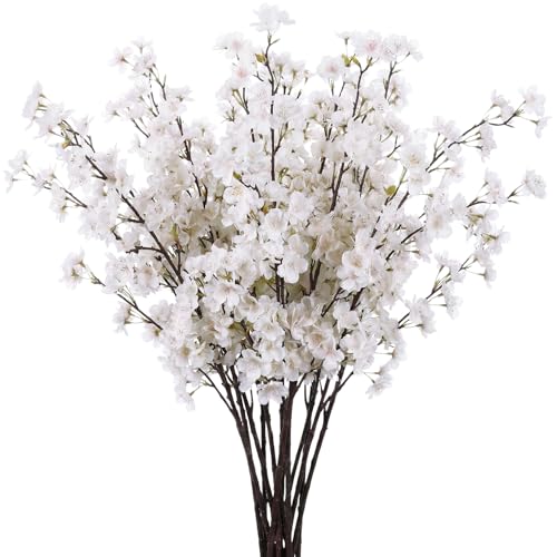 Giegxin 8 Pcs Silk Cherry Blossom Branches Cherry Blossom Tree Stems Long Stem Artificial Flowers for Tall Vase Flowers for Home Wedding Vase Floral Arrangements (White,43.3") - color: White, size: 43.3"