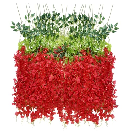 Artificial Wisteria Hanging Flowers Fake Wisteria Flower Garland Silk Vines Rattan Decor for Home Wedding Arch Wall Garden Greenery Bedroom Outdoor Office Party Decoration (12, Red) - color: Red