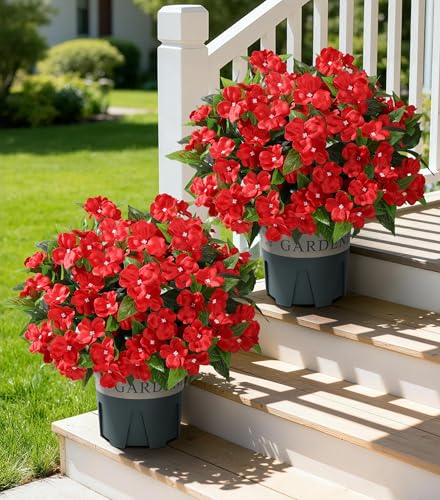 Artificial Flowers for Outdoors, 2 Set Fake Potted Flowers 12 Bundles UV Resistant Realistic Silk Faux Impatiens with Pot for Outside Balcony Garden Window Box, Red - color: Impatiens-red