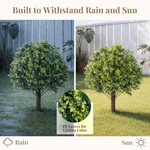 Artificial Boxwood Topiary Ball Tree Set of 2, UV Resistant Artificial Outdoor Shrubs with Spike, Decorative Evergreen Fake Topiary Bushes Plant for Front Porch Garden - color: Topiary Ball Tree-1
