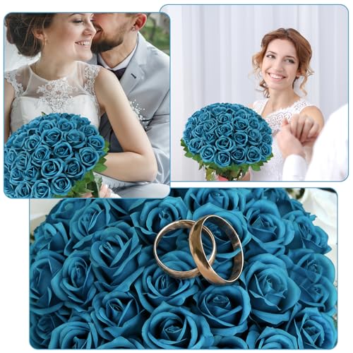 72 Pcs Artificial Roses Teal Fake Silk Roses Realistic Roses Faux Flower Indoor Wedding Home Decor, Birthday Decorations - color: Teal
