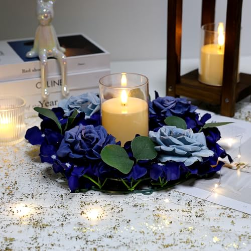 Artificial Flower Candle Rings - 6 Inch Inner Rose Floral Wreaths for Wedding Bridal Event Table Centerpieces Backdrop Decorations (Navy Blue, 6 X Candle Rings) - color: Navy Blue, size: 6 X Floral Wreaths