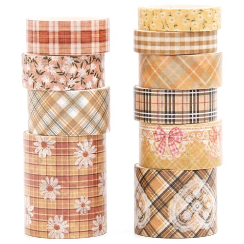 10 Rolls Vintage Floral Washi Tape Set Pastel Plaid Arts Adhesive Tapes Soft Colors Decorative Masking Tape Sets for Craft, Kids, Scrapbook, DIY, Gift Wrapping (Golden Daisy) - color: Golden Daisy