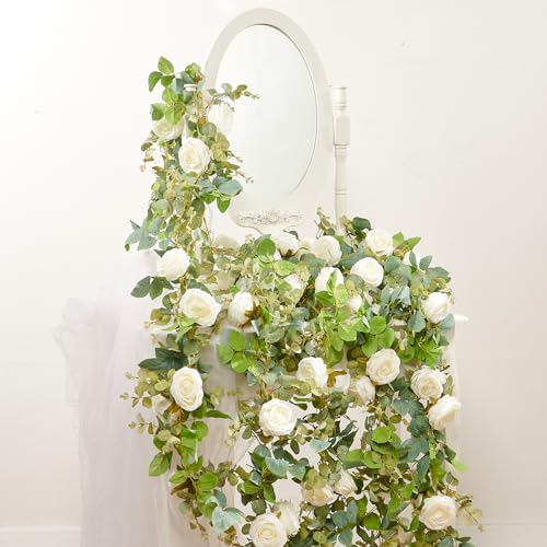 PONKING Flower Garland Artificial Rose Vine Flowers Hanging Fake Roses Vines for Wedding Birthday Party Valentines Christmas Room Wall Arch Decor, 2 White Floral Garland Decorations, High Realistic - color: High Realistic Flower White Vines 5.4ft
