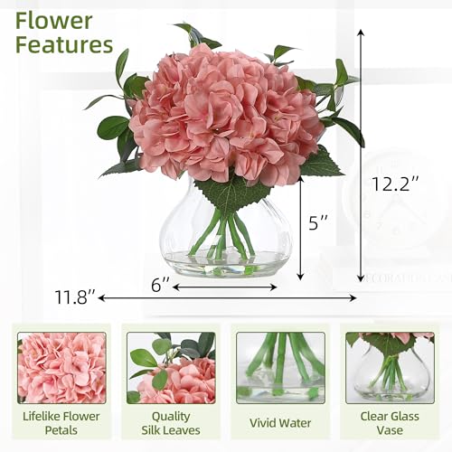 Hydrangea Artificial Flowers in Vase, Silk Faux Hydrangea Fake Flower Arrangements with Glass Vase and Faux Water for Home Decor Wedding Bouquets Table Centerpieces, Light Coffee, Set of 7 - color: Hydrangea Stems With Faux Water, size: Pink