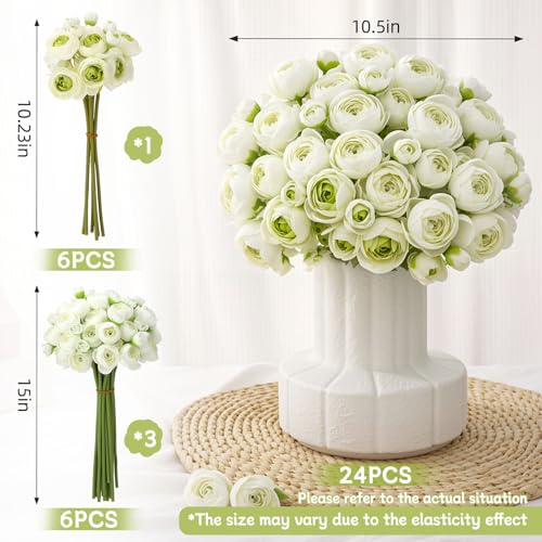 24 PCS Ranunculus Artificial Flowers, Faux Mini Ranunculus Bulk | Realistic Silk Ranunculus Bouquet for DIY Bouquets, Bridal Shower Decorations, Centerpieces, Arrangements, White - color: White