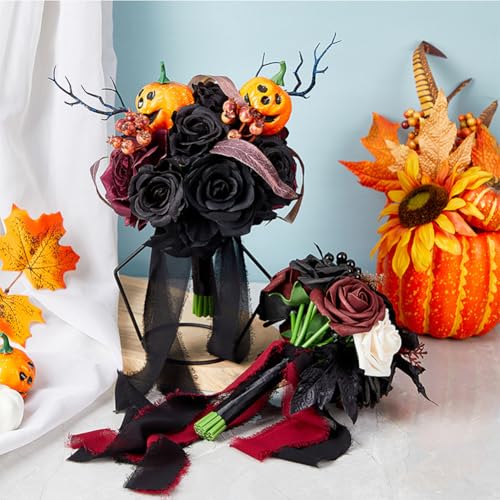 Wedding Bouquets for Bride and Bridesmaid - Black and Burgundy Gothic Bridal Flowers, Artificial Rose Bouquet - color: Red Black Rose