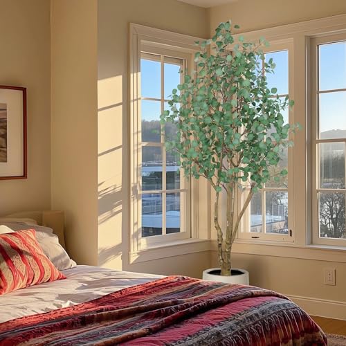 Artificial Eucalyptus Trees with White Planter, 8 FT Faux Eucalyptus Plants Indoor Tall Fake Floor Trees with Silk Leaves and Thick Trunk for Living Room Bedroom Corner Home Office Decoration - size: 8ft