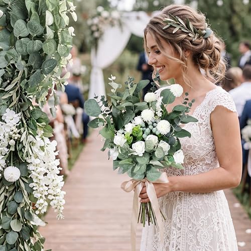 Giegxin 180 Pcs 3 Kinds Mixed Artificial Eucalyptus Leaves Stems Bulk Silver Dollar Leaves Picks Dried Eucalyptus Bundle Faux Spray for Wedding Vase Bouquet Floral Arrangement (Green) - color: Green