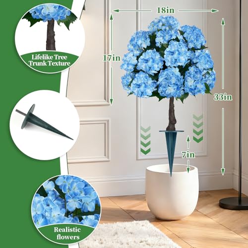 Grooy Artificial Topiary Ball Tree with Blue Hydrangea, Set of 2 UV Resistant Shrubs with Ground Spike, Fake Evergreen Plant Decor for Porch Garden Indoor Outdoor - color: Blue Hydrangea
