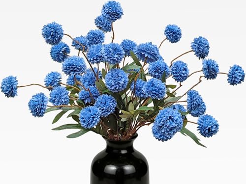 Kinisty 8 Pcs Artificial Flowers Blue Faux Silk Pompon Mums, 20" Long Stem Fake Chrysanthemum Bouquet for Vase Farmhouse Home Decor, Wedding Centerpiece - color: Blue