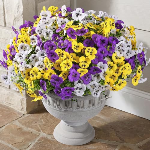 Alupssuc 24 Bundles Artificial Flowers for Outdoors Spring Decorations, Big Fake Flowers UV Resistant Realistic Pansies with Eucalyptus Silk Faux Flowers for Porch Yard, Yellow White CrimsonPurple - color: Yellow, White, Crimsonpurple