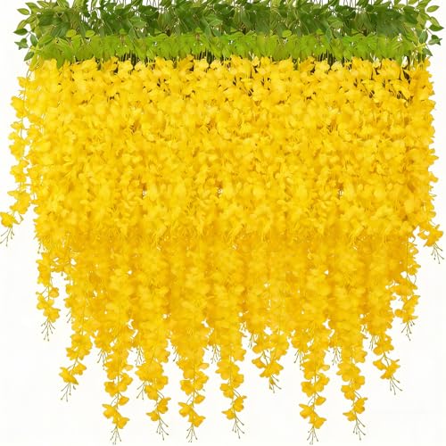 HUAHUA Artificial Wisteria Flowers, White Dense Artificial Fake Wisteria Vine Ratta Hanging Garland Silk Flowers String for Home Party Wedding Decor (24pcs-Yellow) - color: 24pcs-yellow