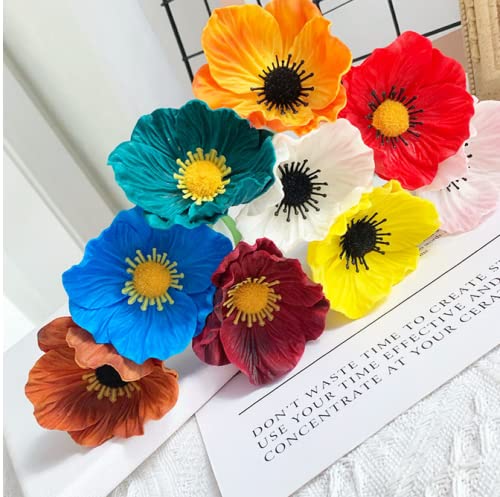 Rikyo 10 Stem 11inch Bouquets Artificial Flowers Poppy Flowers,Faux Anemone PU Fake Wild Flowers for Kitchen Table Centerpiece Vase,Home Wedding Holding Flowers Backdrop Arch Wall (Brown) - color: Brown