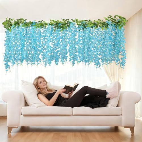 ARTKAIKE Artificial Flowers Garland for Home Decor, Fake Wisteria Vine Silk Hanging Plant Flower for Room Bathroom Wall Kitchen Bedroom Garden Outdoor Wedding Decor (4, Blue) - color: Blue