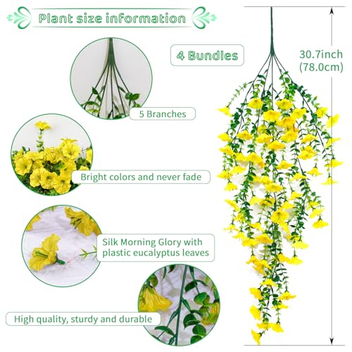 4 Pack Artificial Faux Hanging Flowers Plant for Outdoor, Fake Silk Morning Glory with Eucalyptus UV Resistant Realistic Trailing Vine for Wall Home Porch Patio Balcony Yard Indoor Decor, Yellow - color: Yellow
