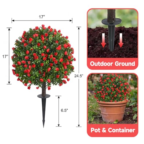 Dense Red Rose Artificial Topiary Ball Trees 24 Inch, Set of 2 Fake Plants with Ground Spike, UV Resistant No Fade Outdoor Faux Shrubs for Spring Garden, Patio, Porch, Yard, Indoor Decor - color: Rose