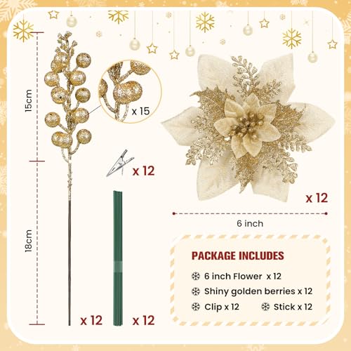 Alupssuc 24 Pieces Christmas Tree Decorations, 12 PCS Gold Poinsettia Flowers Artificial and 12 PCS Glitter Christmas Tree Picks for Christmas Decorations Party Wreath Fireplace Stairs, Gold - color: Gold
