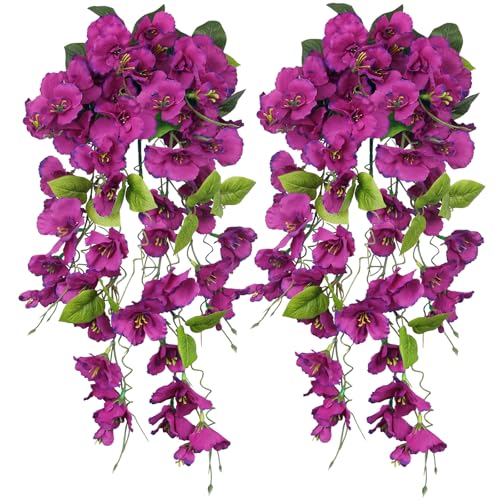 2 Pcs Fake Hibiscus Flowers Artificial Hanging Flowers Plants for Outdoors Realistic UV Resistant Spring Summer Decor Fuchsia Silk Faux Flowers Trailing Vines for Front Door Porch Outside - color: Fuchsia