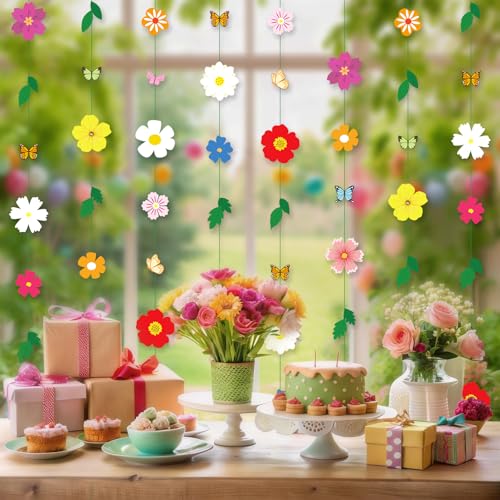 2 Pcs x 13ft Spring Flower Garland Wildflower Party Decor, Wildflower Paper Garland with Butterfly Party Streamers Hanging Decor for Garden Birthday Tea Spring Wedding Baby Shower Party Decorations