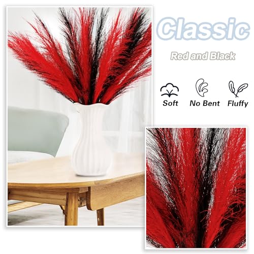 Pampas Grass Small Black&Red, 30 Pcs 17" Halloween Steems Faux Pampas Grass Short Decor, Pompas Grass Flower Arrangement and Vase Filler for Boho Home Wedding Decoration - color: Red&black, size: 17'' Tall