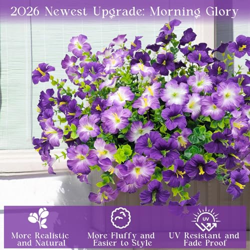 Artificial Flowers for Outdoors Decoration, 12 Bundles Fake Silk Morning Glory with Faux Plastic Eucalyptus UV Resistant for Outside Front Door Porch Planters Patio Garden Decor (MultiColor 4) - color: Multicolor 4