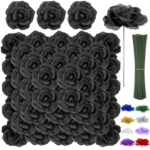 LELEE Rose Head Flowers with Stem - 108pcs Black Roses Artificial Flowers Bulk - Silk Rose Fake Flower for Bridal Gothic Wedding Bouquet Party Home Decor DIY Centerpieces Hotel Decorations - color: Black