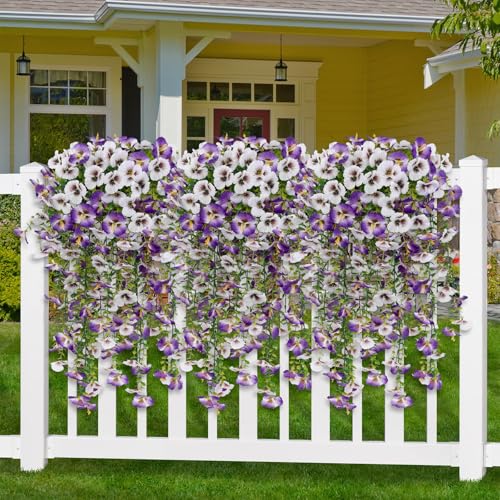 Artificial Hanging Flowers for Outdoors, 4 PCS 29.5in UV Resistant Faux Outdoor Hanging Plants Pansy Flowers Fake Cascading Floral Vines for Porch Patio Balcony Pergola, Purple White - color: White&purple