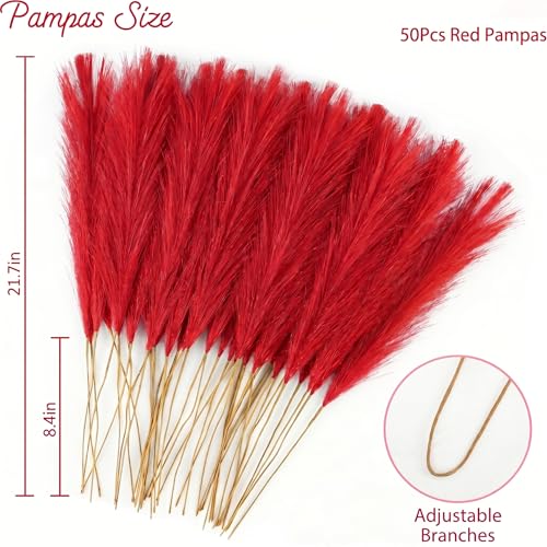 obbsie 50pcs Red Faux Pampas Grass Decor, 21.6" Short Artificial Floral Branches Vase Filler Flower Arrangement for Home Wedding Boho Outdoor Decor - color: Red, size: 50 PCS