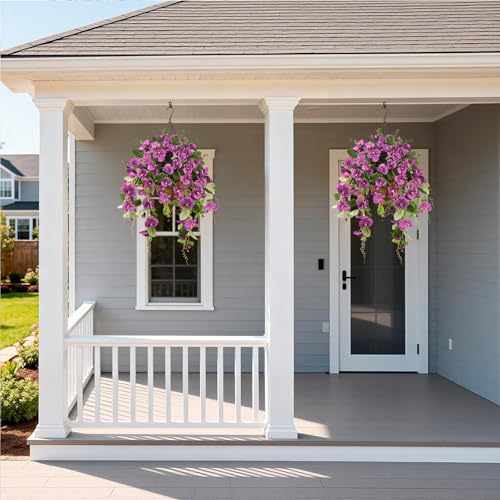 INQCMY Artificial Hanging Flowers for Outdoors, 2PCS Faux Azalea UV Resistant No Fade Spring Home Decor, Realistic Fake Flowers Spring Decoration for Porch Patio Garden Yard (Purple) - color: Purple
