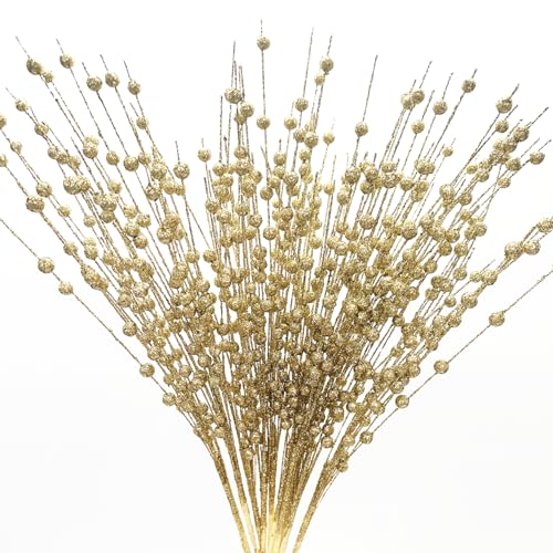 Artificial Glitter Berry Stem Ornaments, Gold Bright Berries Decorative Bead Sticks, Picks Branches Glittery Twigs for Home Christmas Tree Vase Holiday Wedding Party Decor - 17 Inch Golden 10 Pack - color: Glitter Berries Stems Sticks - Golden 10 Pcs