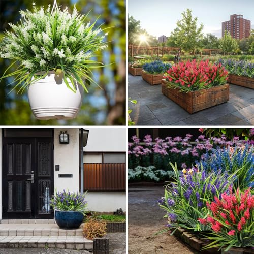 Artificial Flowers for Outdoors, 24 Bundles 6 Colors Fake Lavender Flowers Monkey Grass, Faux Plants Shrubs, UV Resistant Artificial Plants for Outdoor Garden, Window Box, Patio, Wedding Decorations