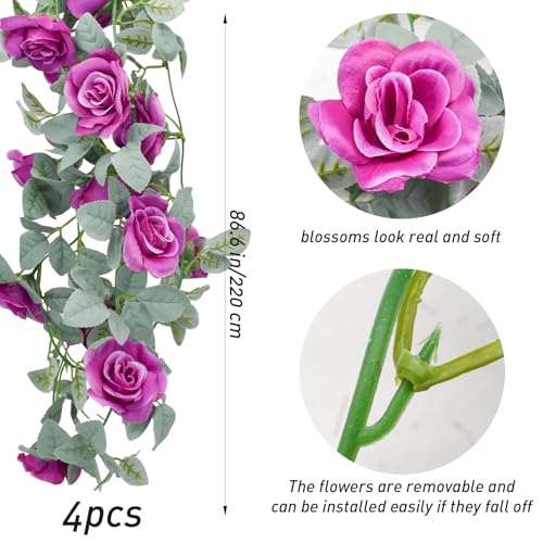 Flower Garland Rose Vine 4Pcs 28FT Artificial Floral Garland with Green Leaves Hanging Rose Vine for Wedding Party Garden Home Wall Decor (Purple) - color: Purple