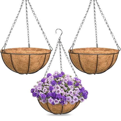 ZeeDix 3 Pack 16 Inch Large Hanging Baskets for Plants Outdoor with Coconut Liners Replacement, Hanging planters Baskets with Natural Coco Liner for Outdoor Indoor Planters Flowers Vegetables - color: 3 Pack, size: 16 Inch