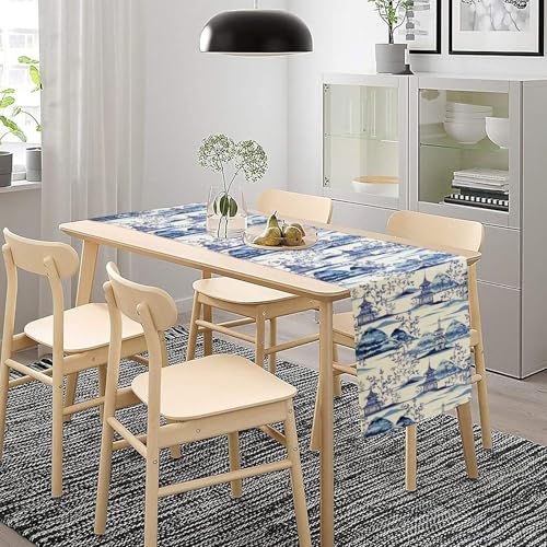 Vintage Ink Table Runner, Beautiful Chinese Pagodas Mountains Trees Chinoiserie Table Runner for Home Kitchen Dining Cafe Party Holiday 13x36in - color: Aisa-11, size: 13x36in