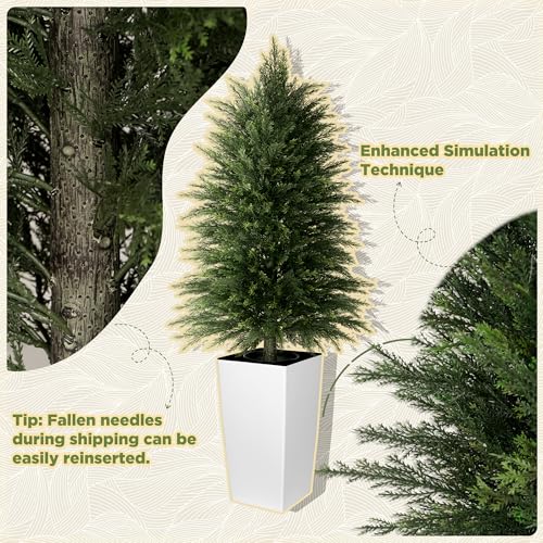 4FT Tall 2 Pack Artificial Cedar Topiary Trees with Full Bushy Columnar Shape, Realistic Faux Cypress in Square White Pot with Fillable Water Bag, Outdoor Evergreen for Front Porch Garden Home Decor - color: White-columnar Arbor, size: 4ft-2pack