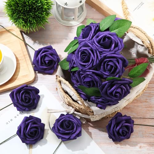 50 Pcs Artificial Foam Rose Flower Faux Bouquet Wedding Fake Rose Gift for Mother's Day Women DIY Bridal Shower Party Table Birthday Home Spring Decor (Purple) - color: Dual Shades of Blue