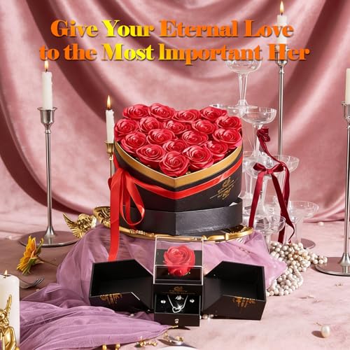 Artificial Forever Preserved Flowers Box & Preserved Roses with Necklace Ring Earrings,Gifts for Mom Grandma Women Girlfriend Wife on Birthday Mothers Day Valentines Christmas Anniversary Wedding