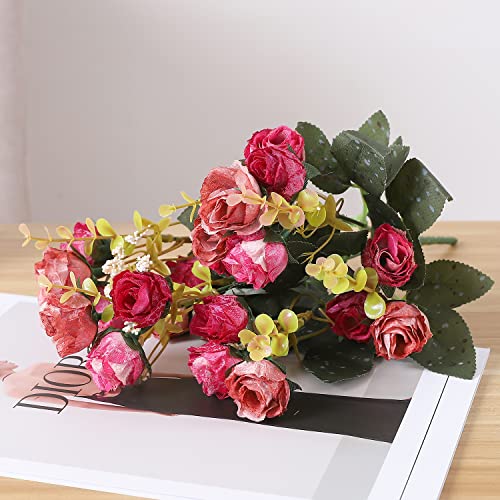 Duovlo 7 Branch 21 Mini Rose Heads Artificial Flowers Bouquet Wedding Home Office Decor,Pack of 2 (2 PCS Rose Red) - color: 2 Pcs Rose Red
