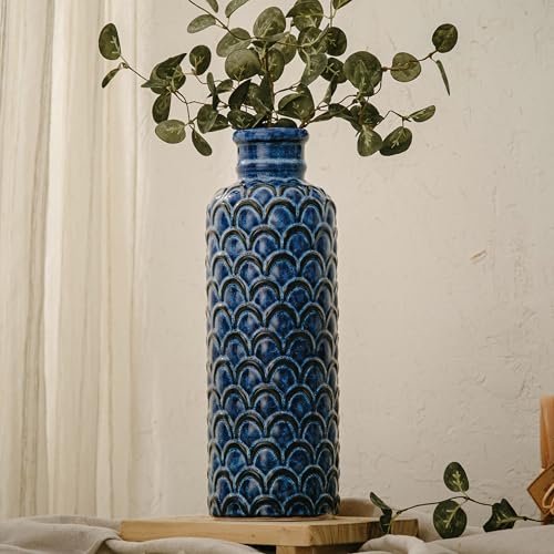 Ceramic Flower Vase,13.98" Tall Vintage Blue Pottery Vase for Home Decor, Rustic Textured Vase for Pampas Grass, Living Room, Entryway, Mantel, Kitchen Table - color: 103-blue