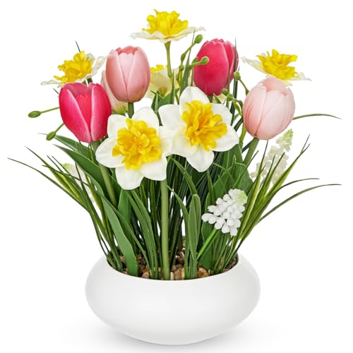 Hollyone Tulips Artificial Flowers with Daffodil Bulbs in Vase Fake Tulips Silk Flowers Arrangements with Ceramic Pot Daffodil Tulip Bulbs Floral Bouquet for Home Decor Table Centerpiece White Pink - color: Large - Mixed
