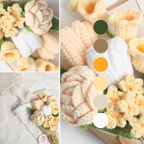 Crochet Flower Bouquet, Handmade Knitted Faux Crochet Flowers for Home Decor Valentine’s Day Anniversary Weddings Birthdays Mother’s Day, Includes Gift Bag and Greeting Card(Mini Yellow) - color: Mini Yellow
