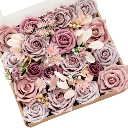 Ling's moment Fake Flowers Box, Faux Artificial Greenery Stems Foam Roses Silk Eucalyptus Fabic Flower for Centerpieces Bouquet Wedding Table Floral Vase Bridal Shower Party, Dusty Rose, Grand Combo - color: Pk-dusty Rose, size: Grand