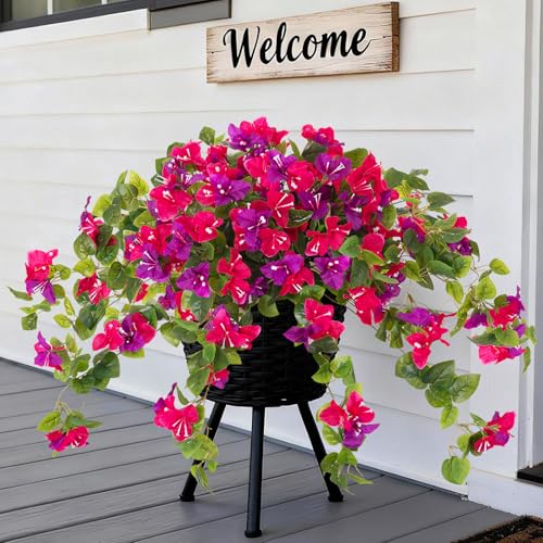 Homsunny Artificial Fake Flowers Plants for Outdoor Summer Decoration, 2 Pcs Faux Silk Flower Bougainvillea Vines Look Real UV Resistant for Home Porch Patio Balcony Yard Spring Decor(Mix Purple) - color: Mix 2