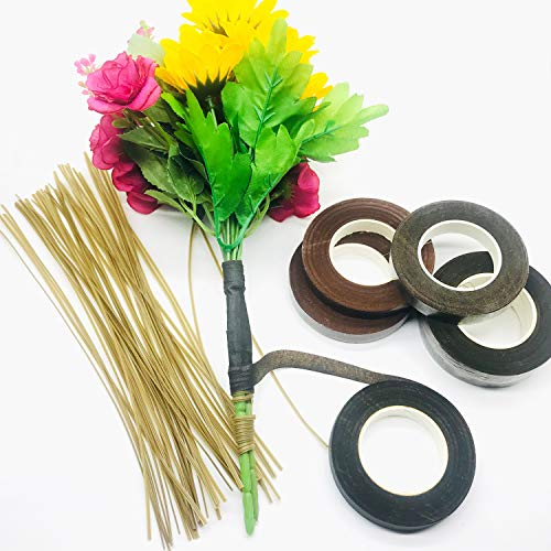 Floral Arrangement Tool Kit, Woohome Floral Kit with 2 Style Floral Tapes, 26 Gauge Stem Wire, Brown Cable Tie and Bamboo Stick for Floral Design Lovers