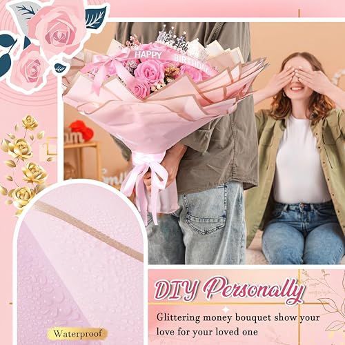 Maysing Money Bouquet Kit 12 Pcs Glitter Roses 20 Sheet Flower Wrapping Paper DIY Flower Bouquet Floral Foam Blocks Sticker for Anniversary Birthday Mother's Day Graduation(Pink+rose Pink) - color: Pink+rose pink