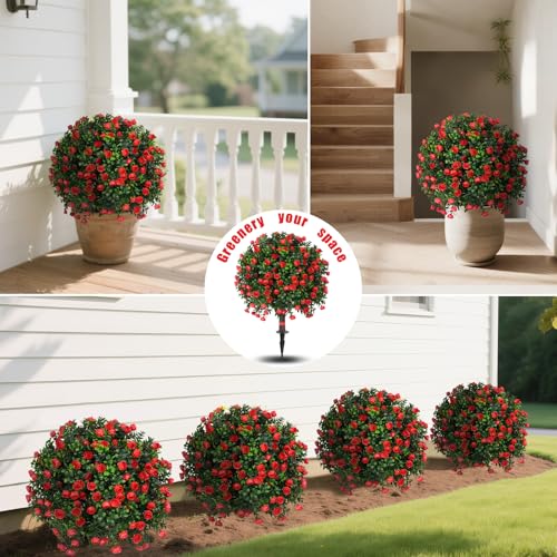 Yangrass Artificial Rose Topiary Ball Trees with Ground Spike, 2 Pack 16 Inches UV Resistant Artificial Shrubs, Fake Evergreen Artificial Plant Brush for Indoor Outdoor Front Porch Garden - color: Red Rose