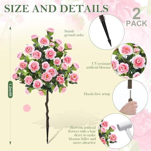 Lunmon 2 Pack 4ft Artificial Camellia Plants Tree without Vase 48" Faux Camellia Flower with Spike UV Resistant Realistic Fake Floral Blooming for Indoor Outdoor Front Door Porch Backyard Garden, Pink - color: Pink, size: 4 ft