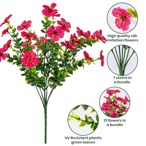 Lnoicy 20 Bundles Artificial Flowers for Outdoor Fake Plants for Spring Decoration,Faux Eucalyptus Flowers for Planter UV Resistant Lifelike for Home Porch Garden（Rose Red） - color: Rose Red